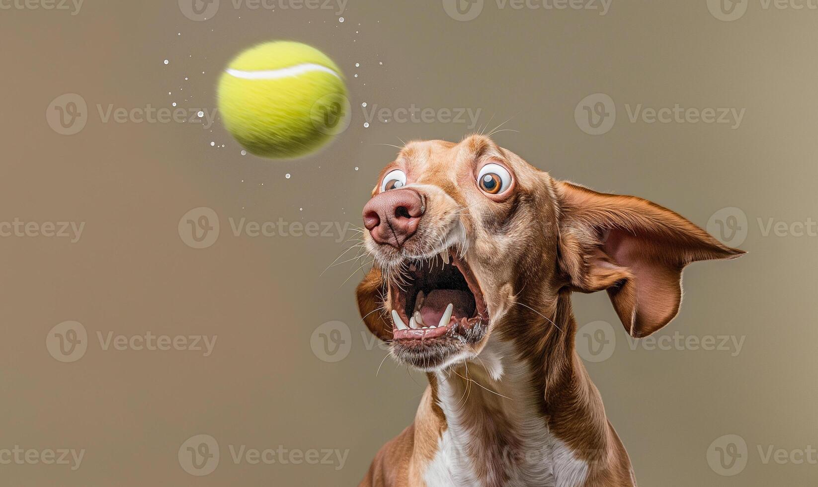 ai generado divertidísimo momento de emocionado perro molesto a captura tenis pelota aire foto