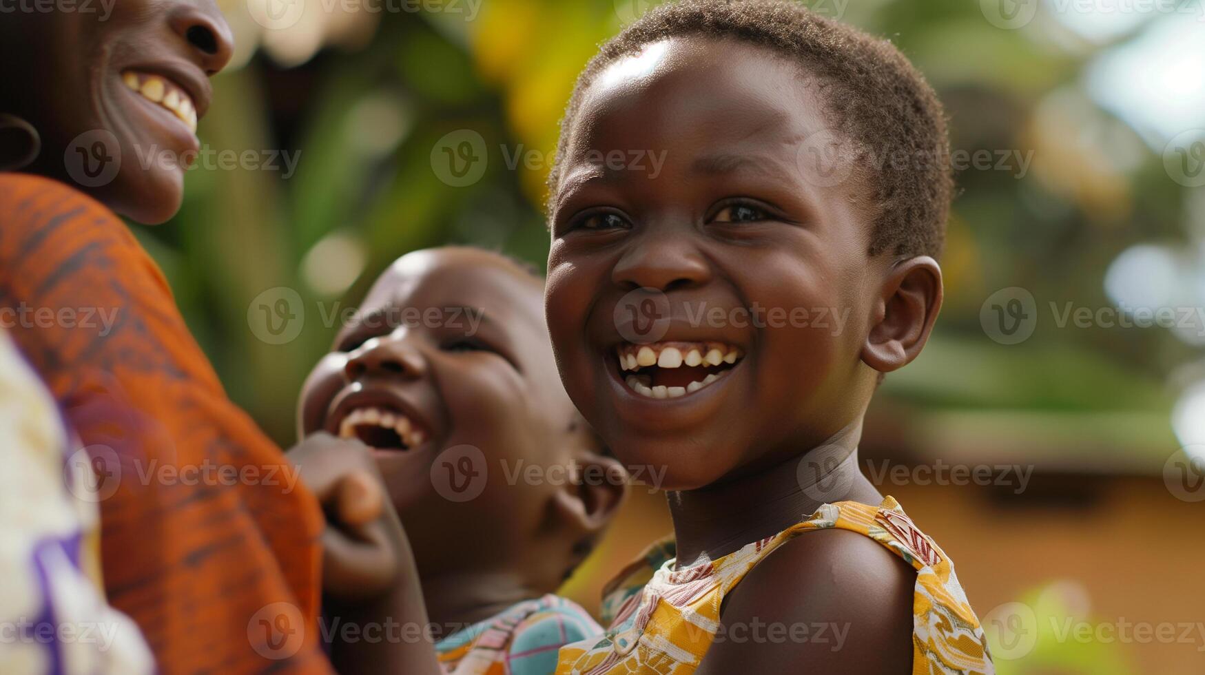 AI generated Heartwarming Family Laughter - African Mother with Children Enjoying a Happy Moment Together photo