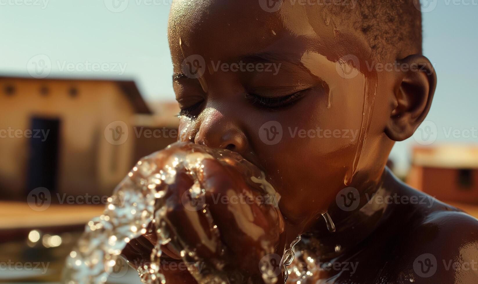 AI generated Joyful Child Drawing Fresh Water from a Tap in a Rural Village Setting photo