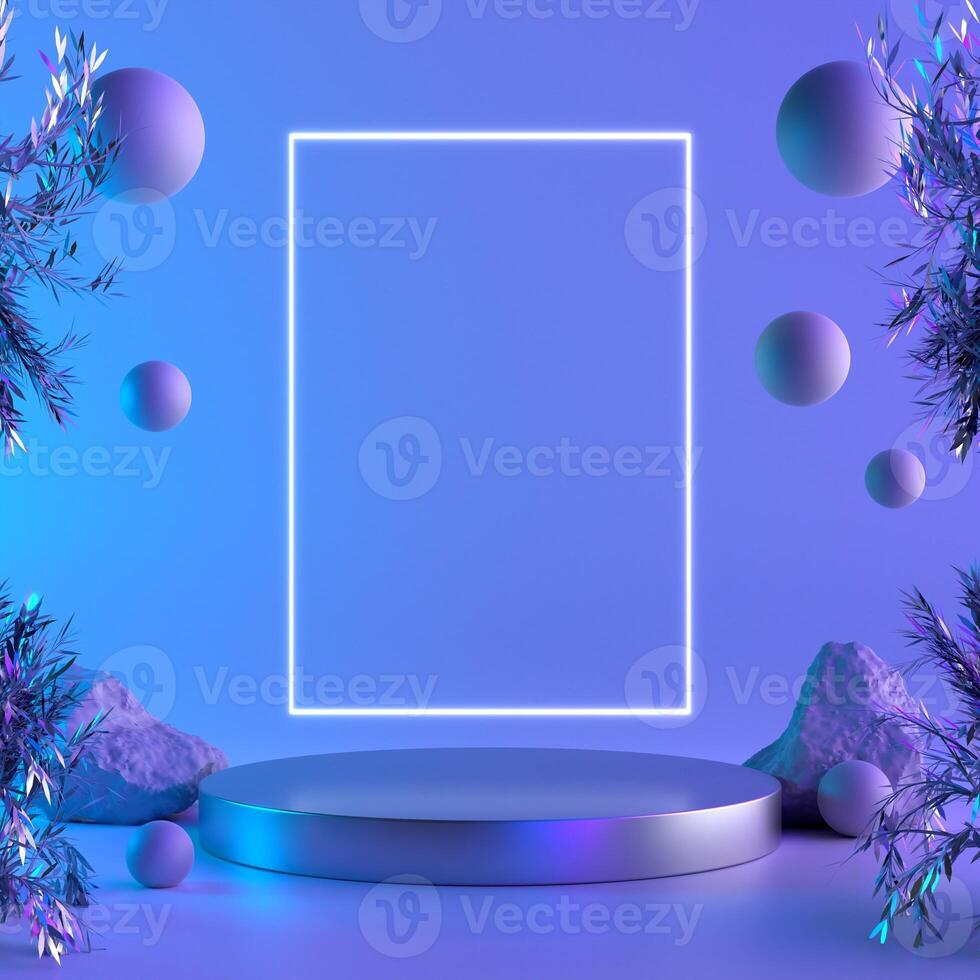 Abstract display stand with tree branches and geometric spheres in metallic colors. For displaying all types of products Especially cosmetics, 3D rendering photo