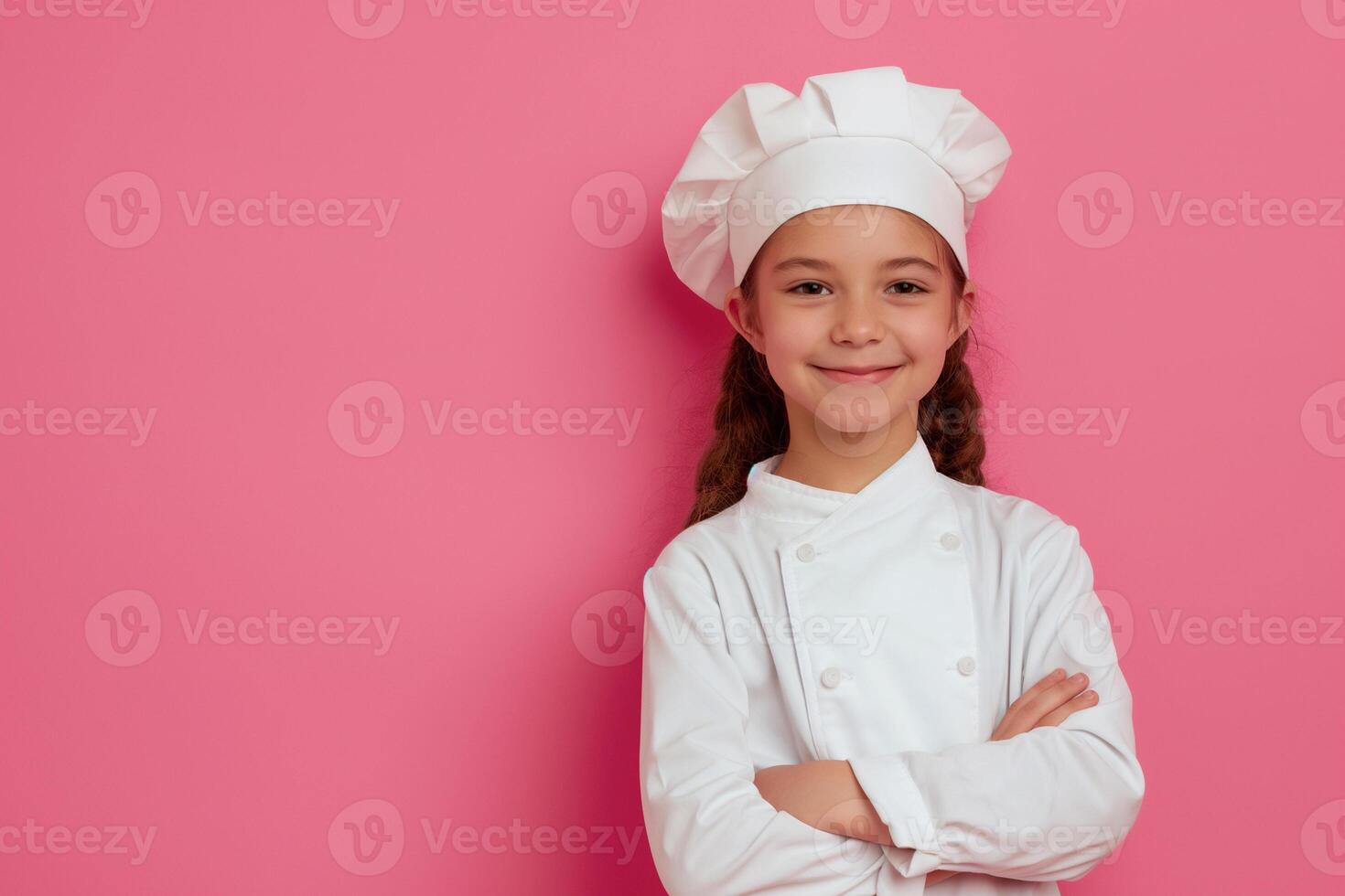 ai generado pequeño niña en del chef sombrero posando con confianza en rosado antecedentes foto