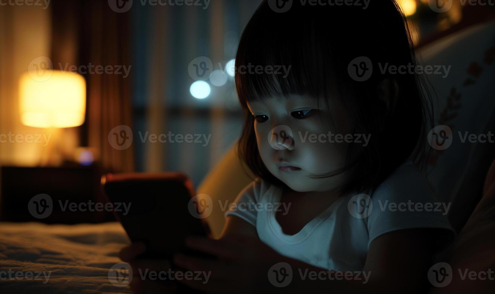 AI generated Toddler Mesmerized by Smartphone Screen in a Dark Room photo