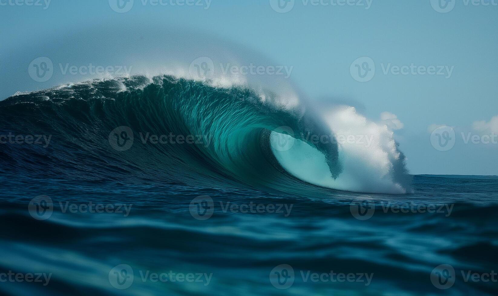 AI generated Majestic Ocean Wave Curling with Mist in Early Morning Light photo