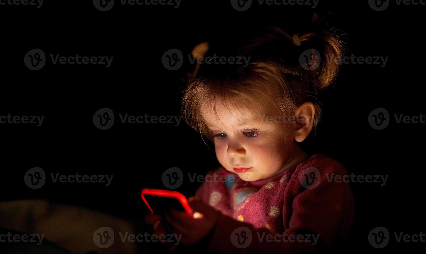 AI generated Toddler Mesmerized by Smartphone Screen in a Dark Room photo