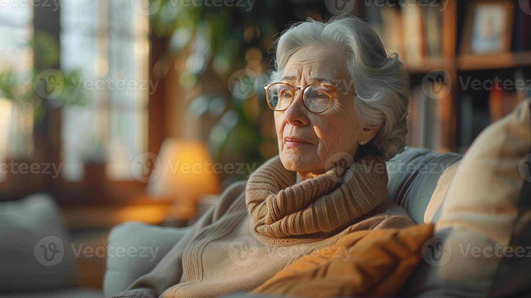 AI generated Contemplative Elderly Woman with Glasses at Home in Warm Light photo