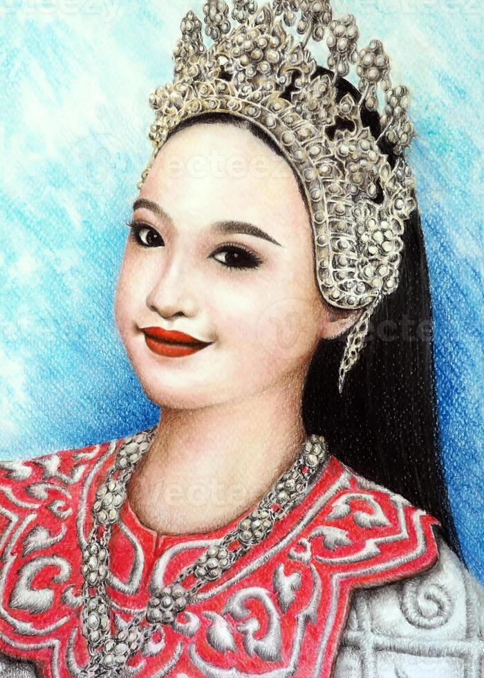 Colored pencil paintings, Asian woman wearing Thai classical dance clothes, Thai traditional dress costumes photo