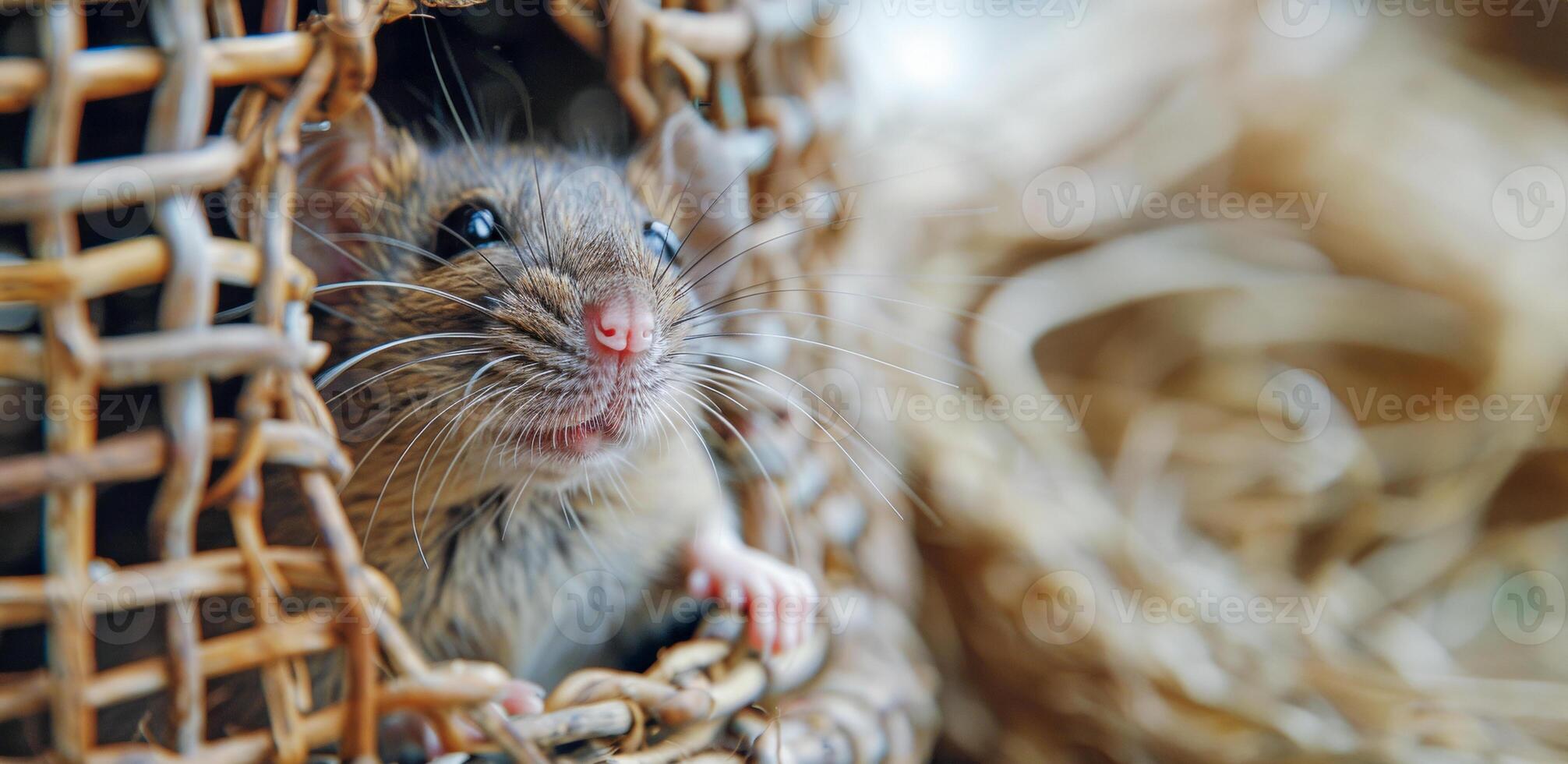 AI generated Small mouse looking through a woven trap photo