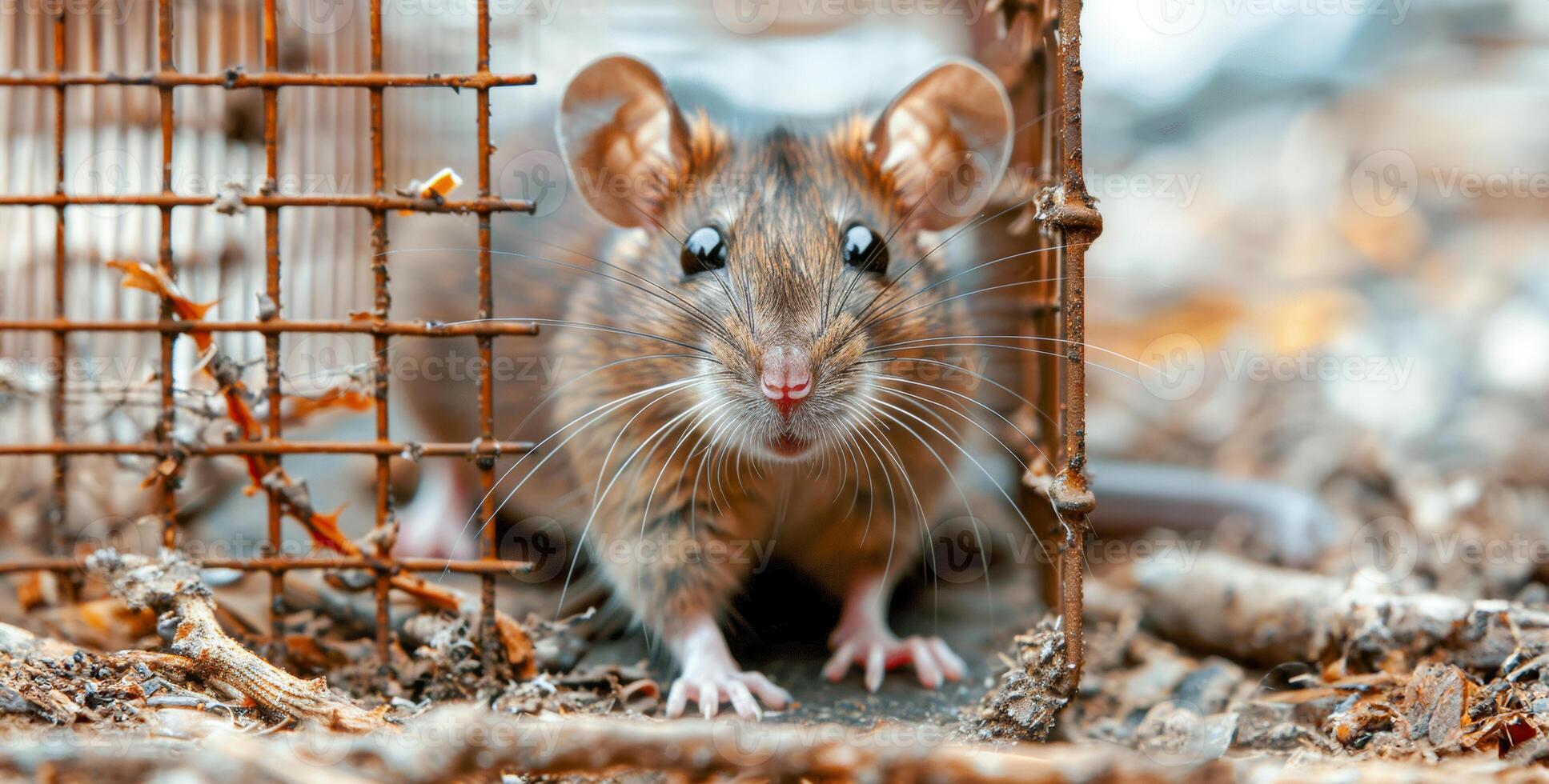 AI generated Curious rat peeking out from an old cage photo