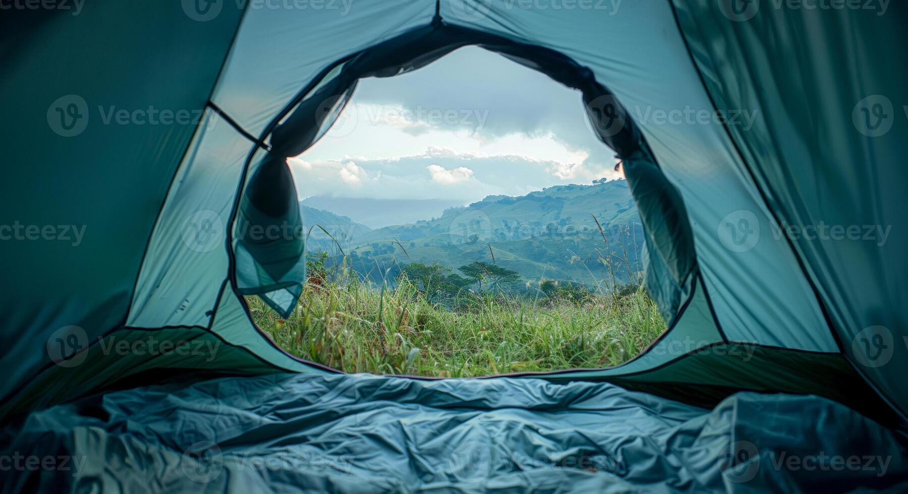 AI generated Morning view from inside a tent in a peaceful meadow photo