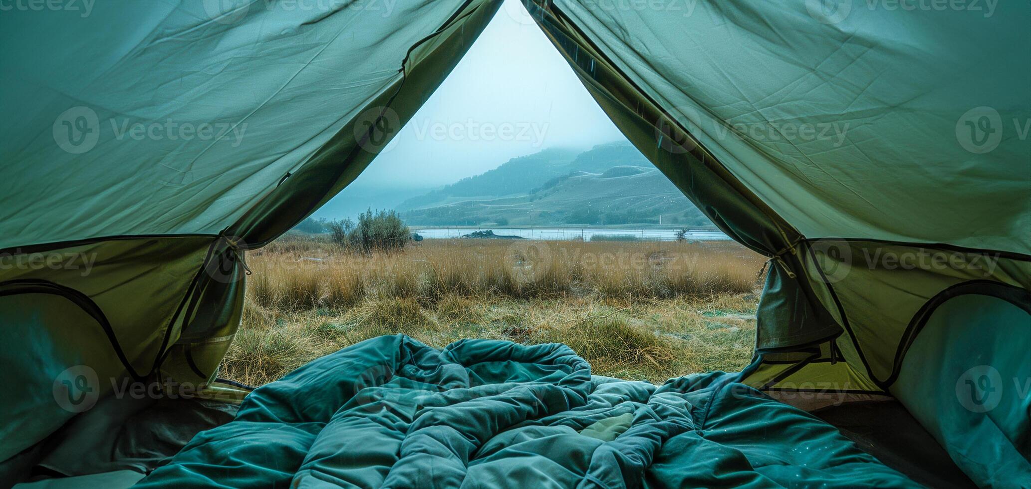 AI generated Morning view from inside a tent in a peaceful meadow photo