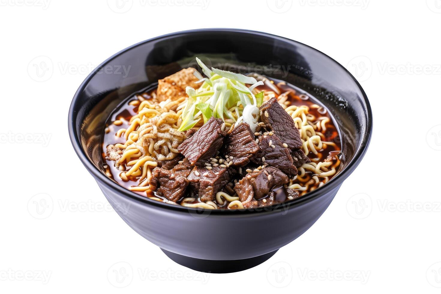 AI generated Bowl of beef noodles in a black dish on a transparent background photo