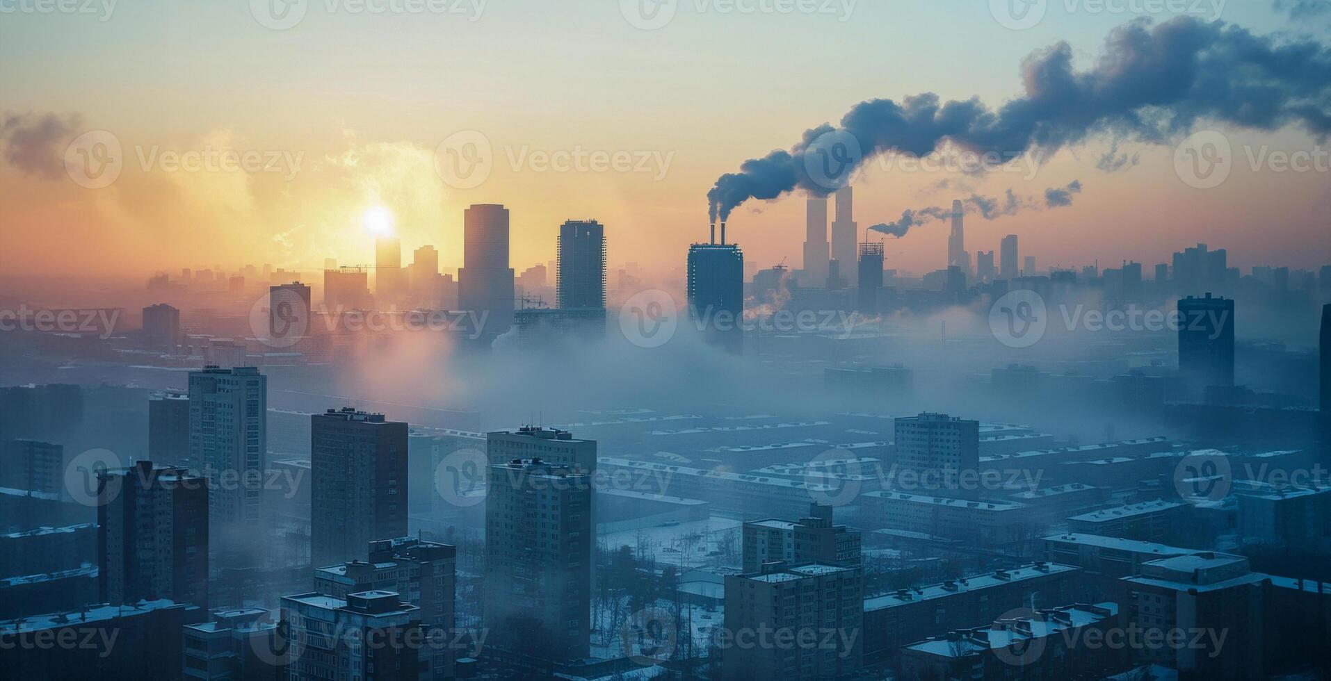 ai generado brumoso amanecer terminado el urbano horizonte foto