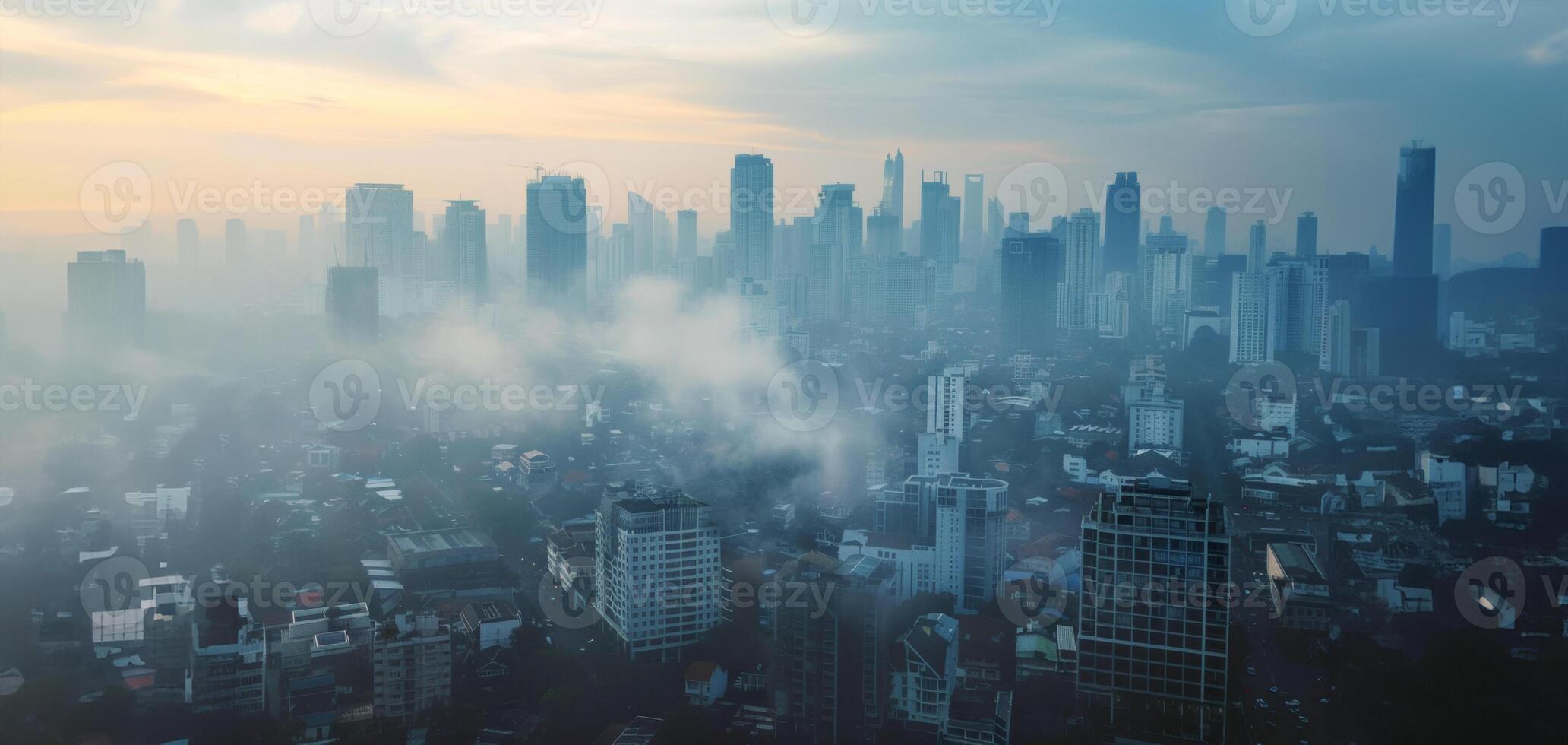 ai generado brumoso amanecer terminado el urbano horizonte foto