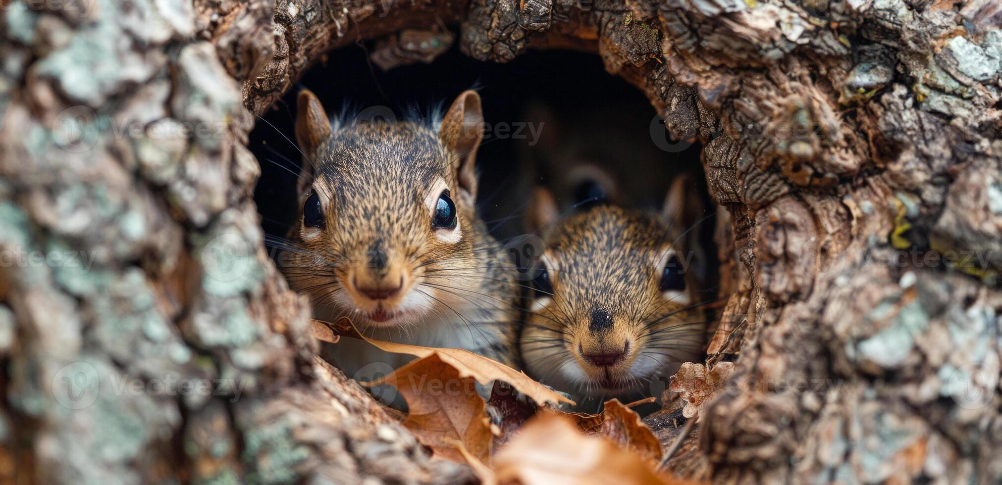 AI generated Eastern chipmunks peeking from tree hollow in forest photo