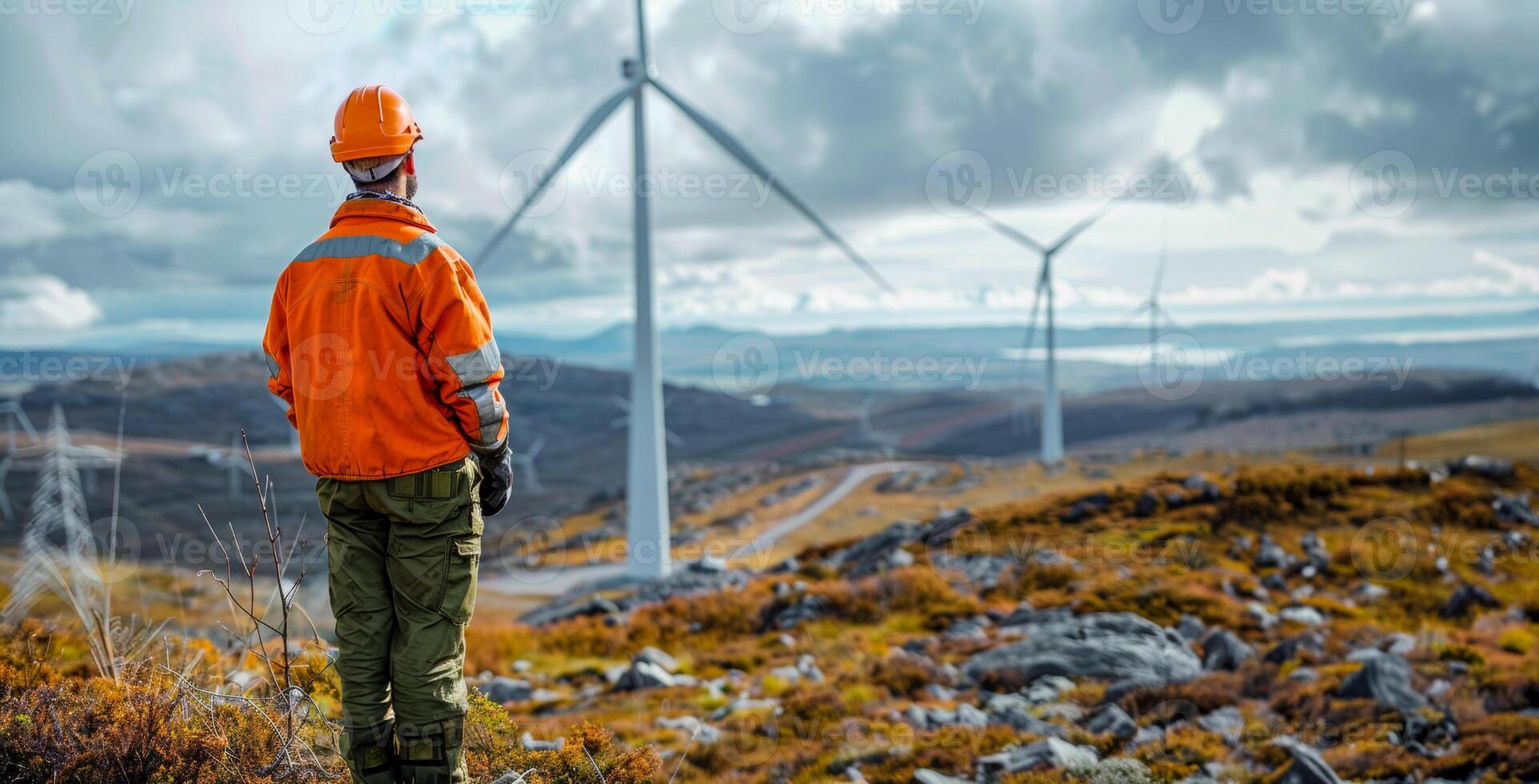 AI generated Engineer in safety gear at wind farm photo