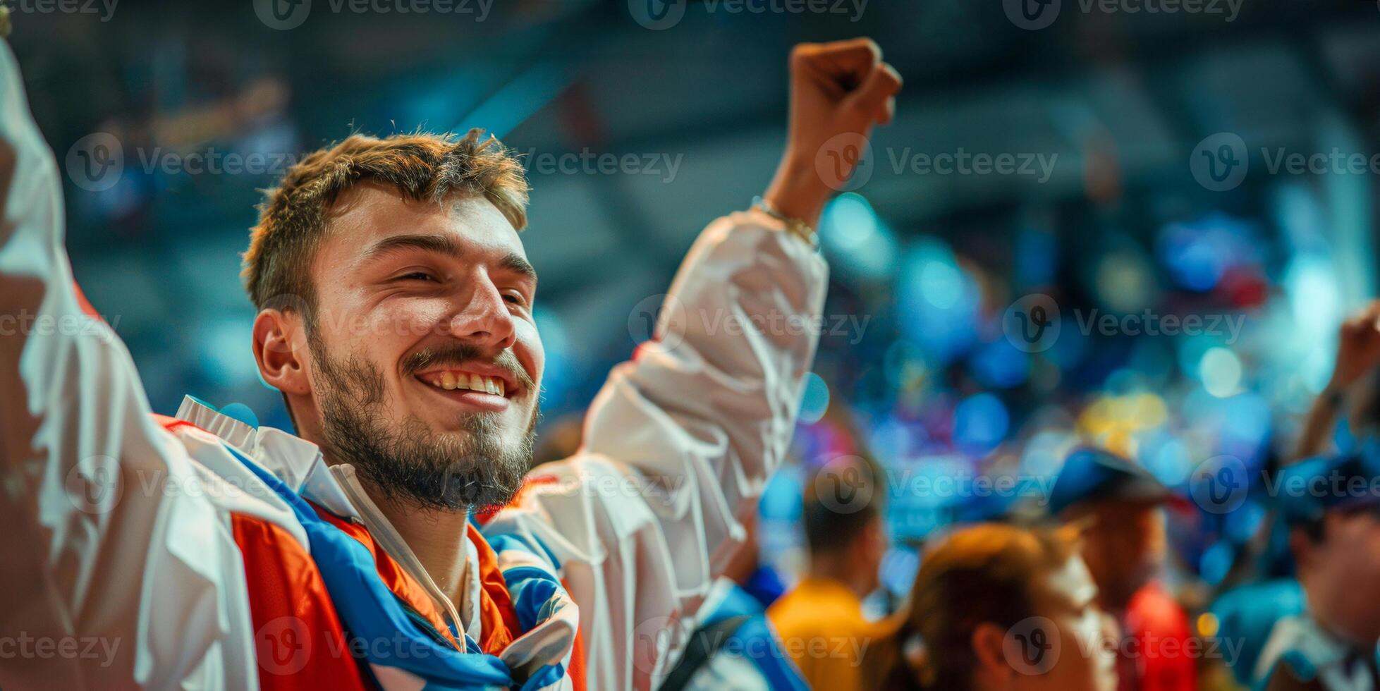 AI generated Young athlete celebrating victory at a sports event photo