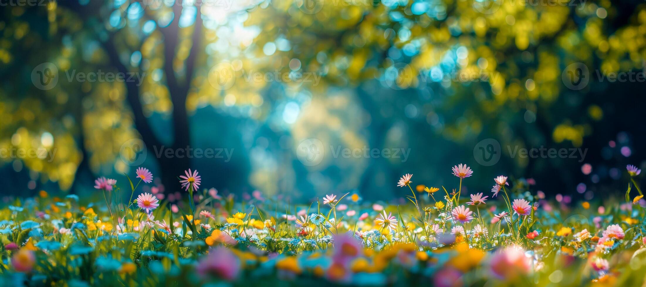 ai generado sereno prado con rosado flores silvestres y dorado luz de sol foto