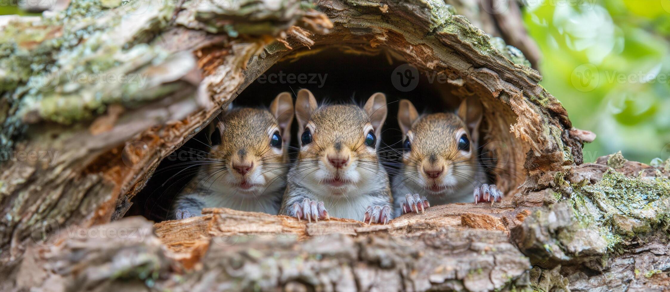 AI generated Eastern chipmunks peeking from tree hollow in forest photo