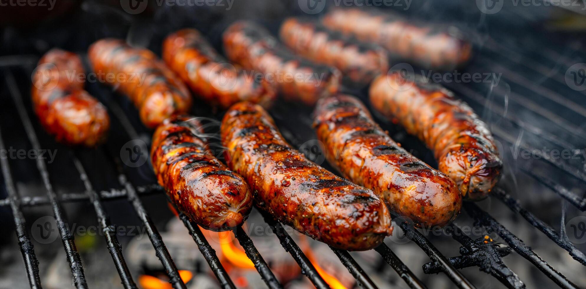 AI generated Sizzling sausages cooking on a flaming grill photo