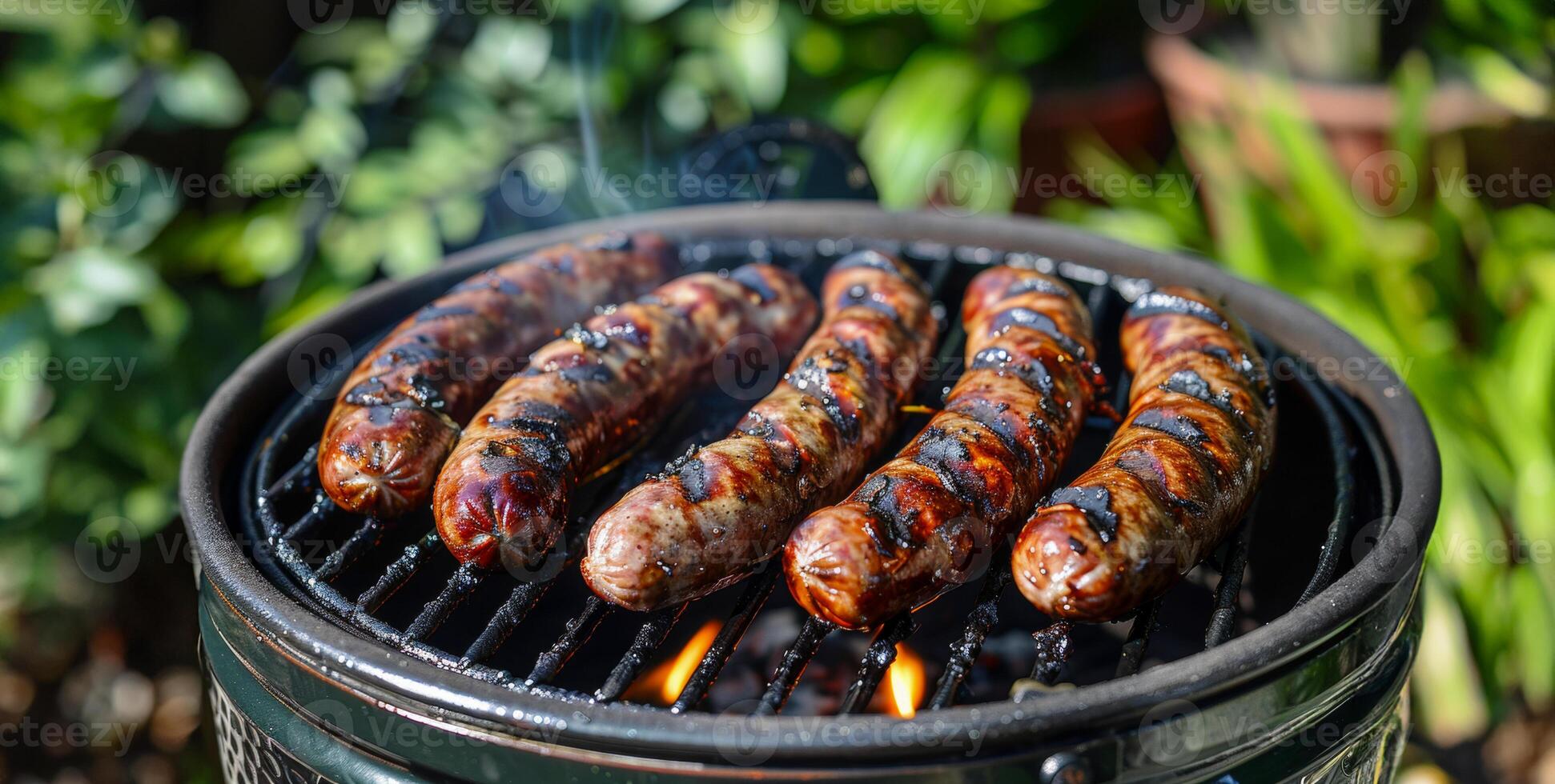 AI generated Sizzling sausages cooking on a flaming grill photo