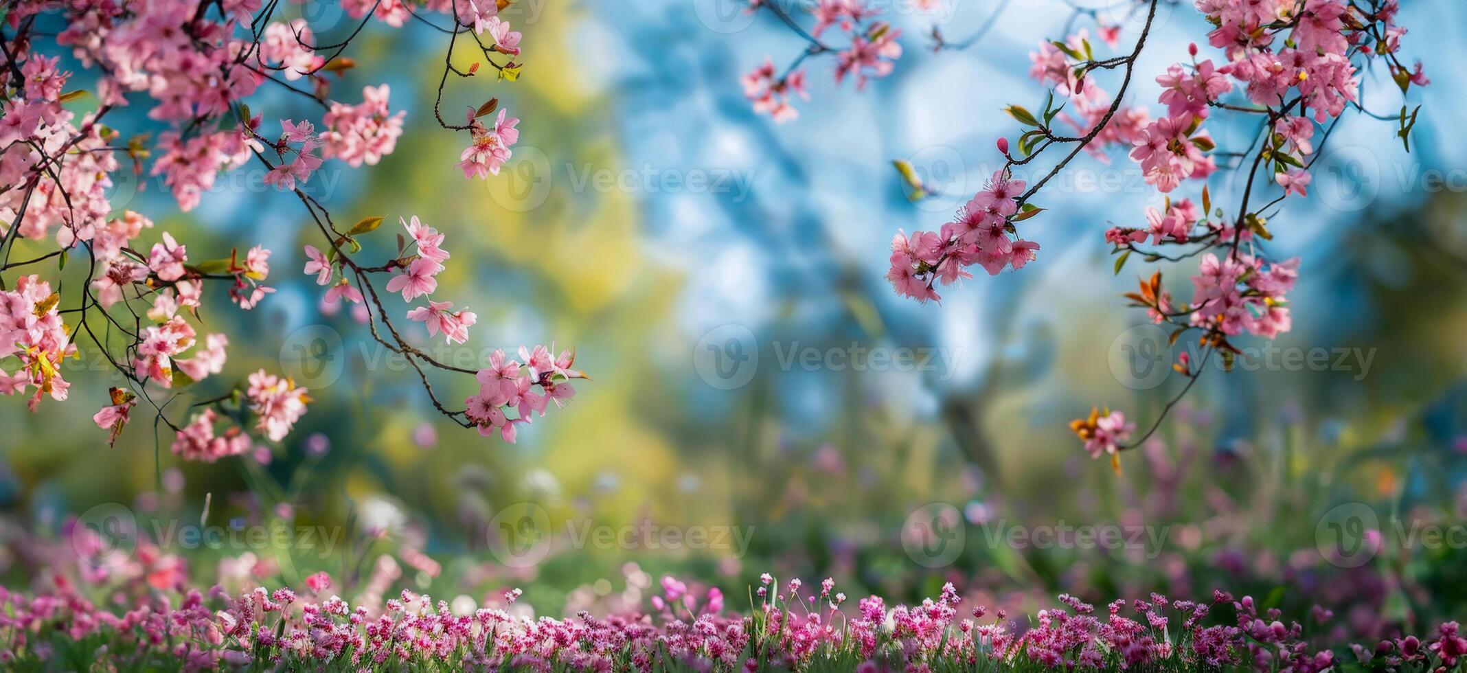 AI generated Springtime cherry blossoms over pink carpet of flowers photo