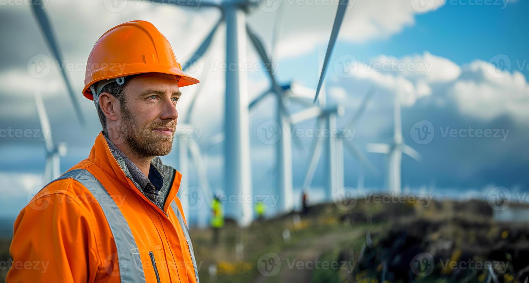 AI generated Engineer in safety gear at wind farm photo