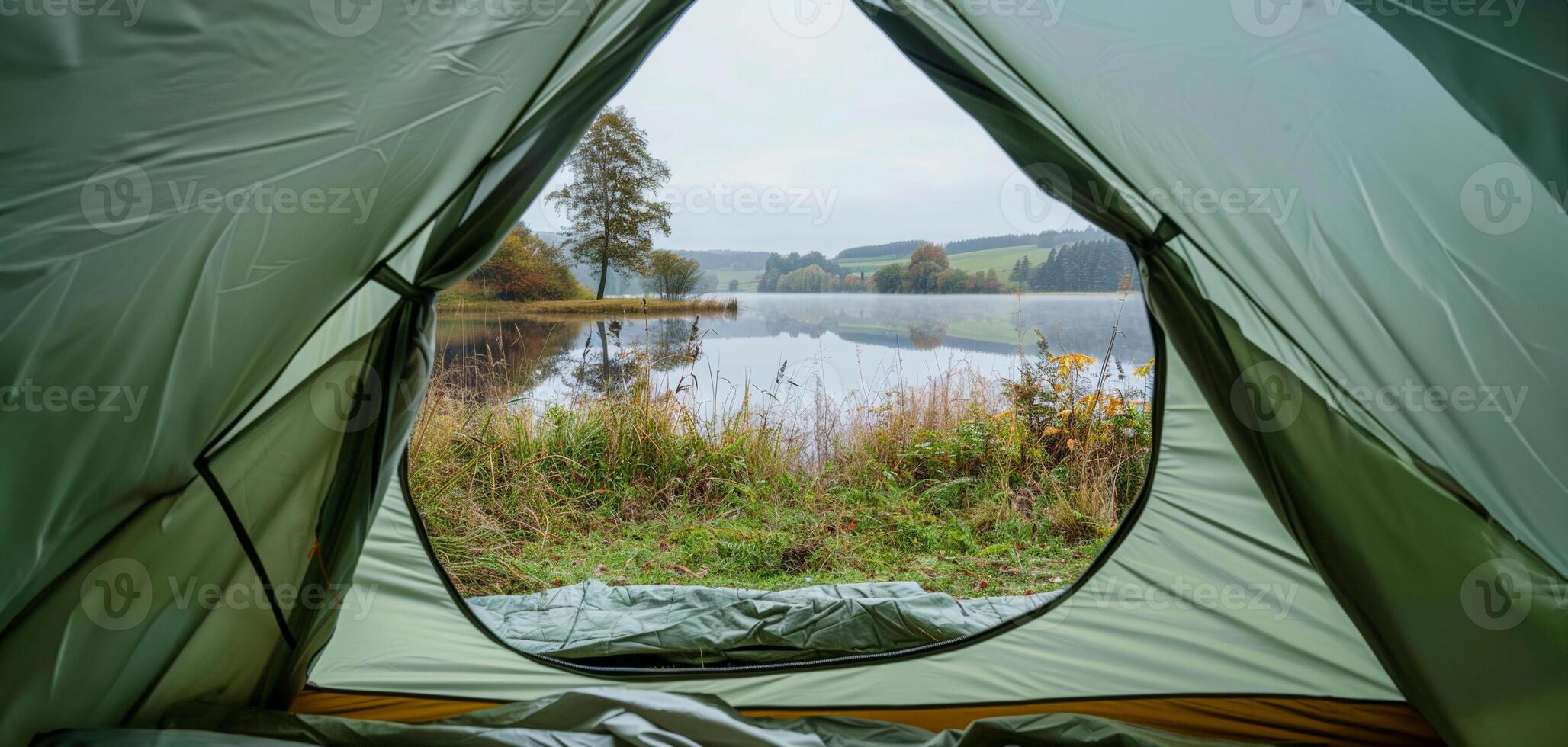 AI generated Morning view from inside a tent in a peaceful meadow photo