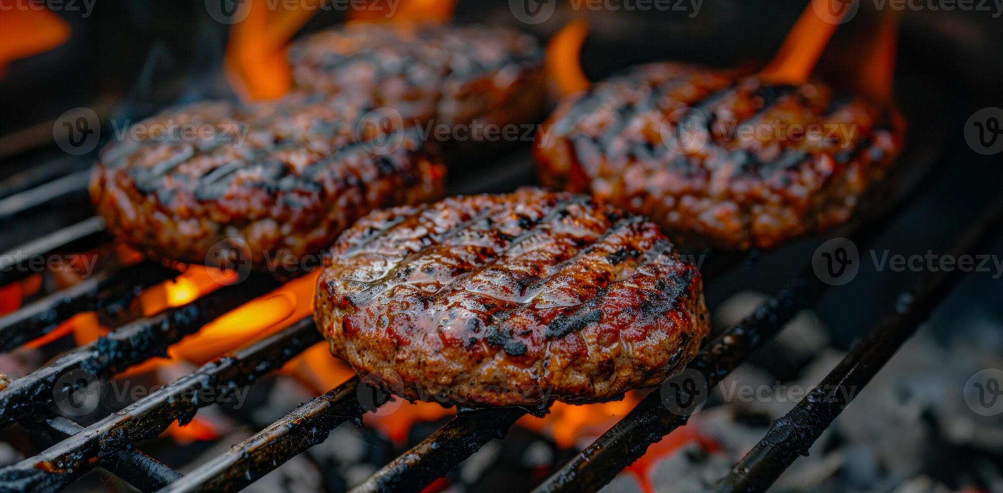 ai generado jugoso A la parrilla hamburguesas terminado llameante carbón parrilla foto