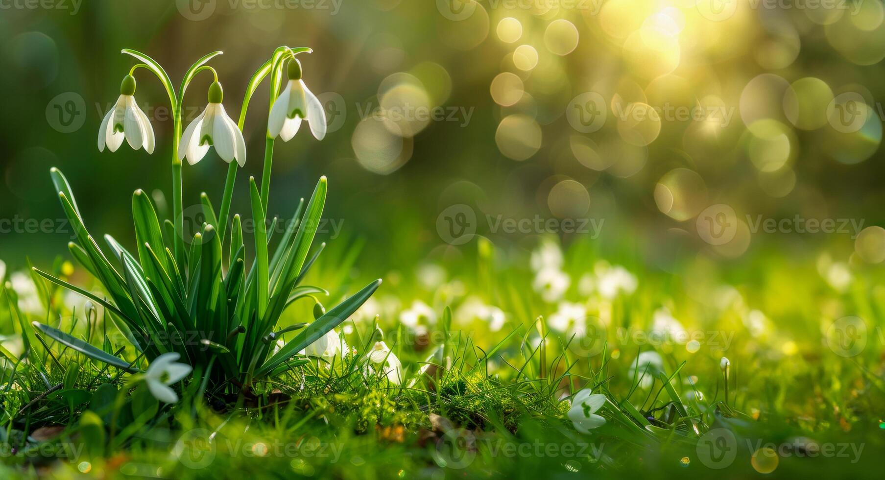 AI generated Fresh snowdrops glistening with morning dew photo