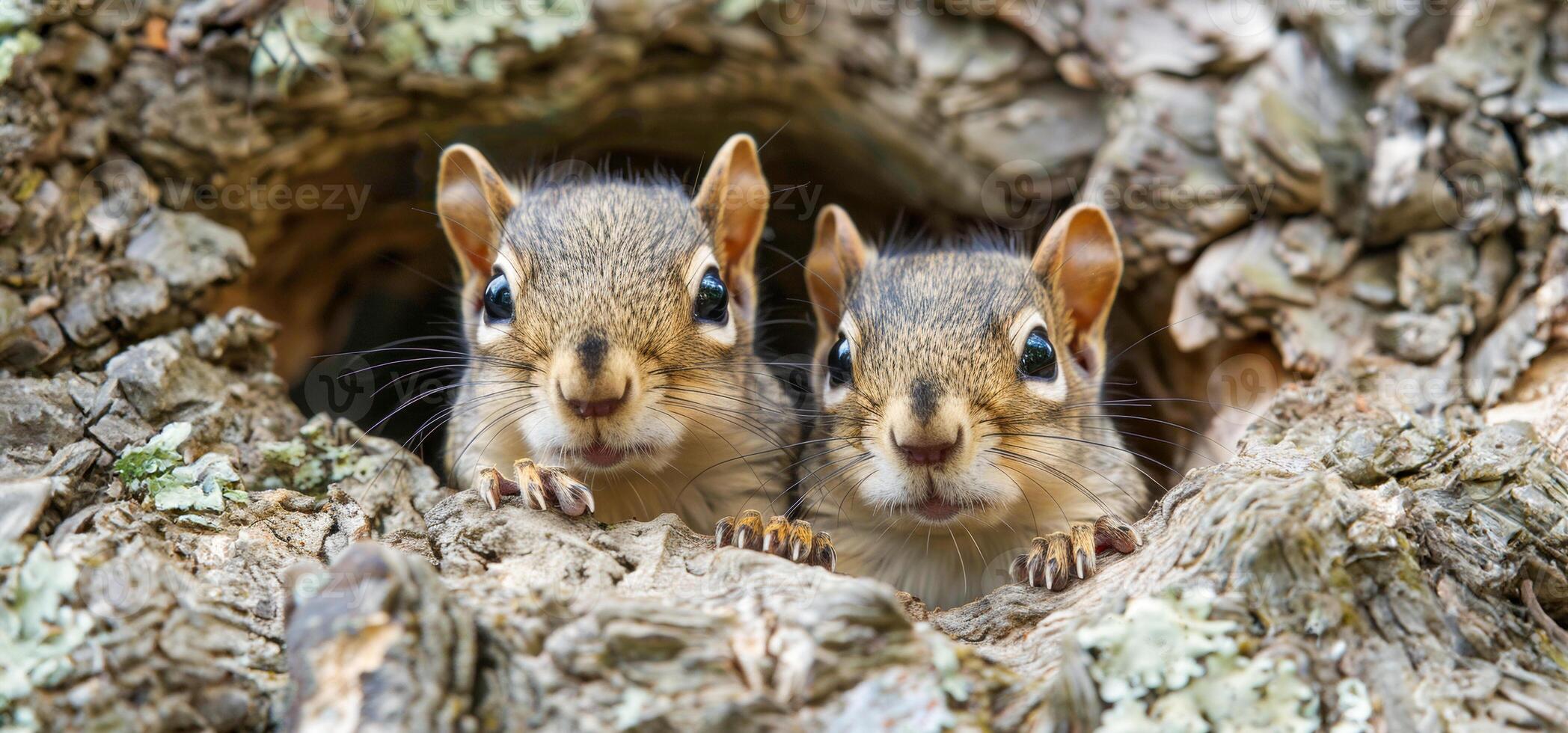 AI generated Eastern chipmunks peeking from tree hollow in forest photo