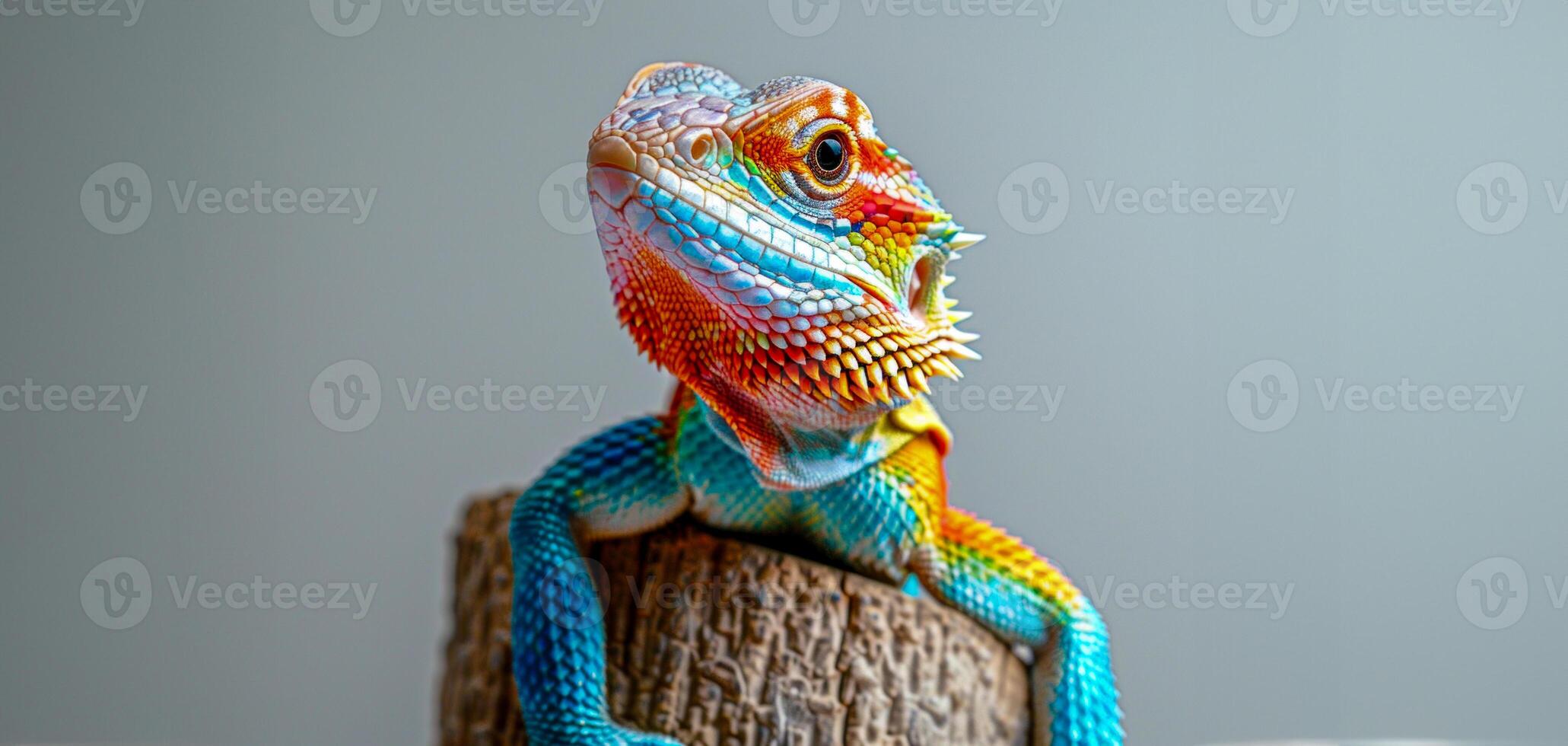 AI generated Colorful panther chameleon perched on a stump photo