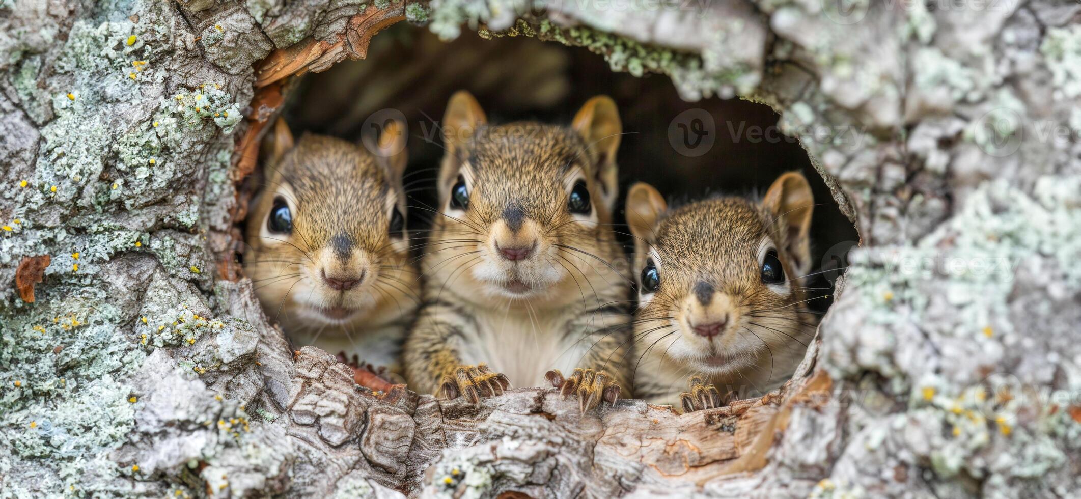 AI generated Eastern chipmunks peeking from tree hollow in forest photo
