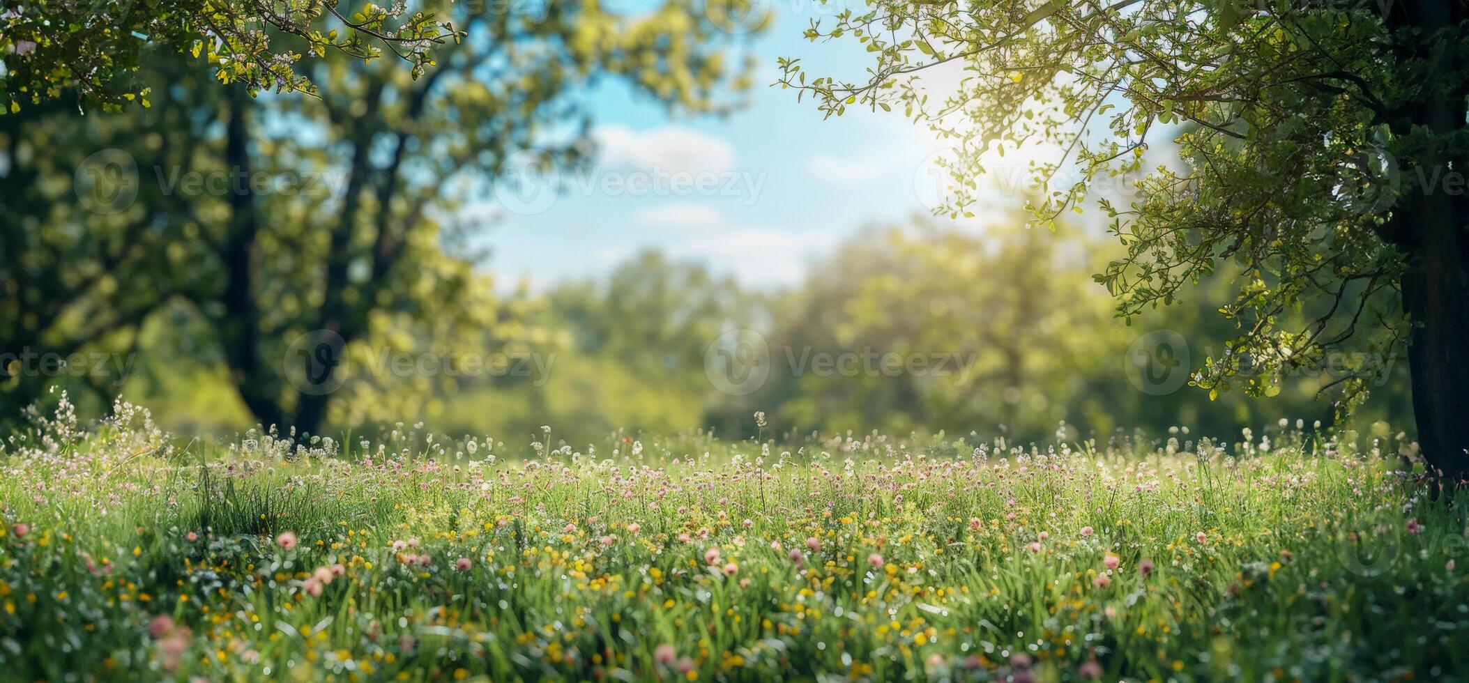 AI generated Golden hour glow over a colorful field of wildflowers photo