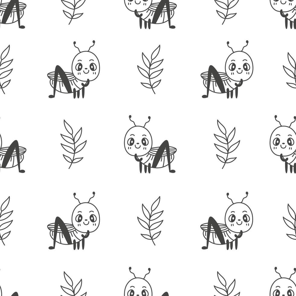 Cute grasshopper and leaf seamless pattern in doodle style vector