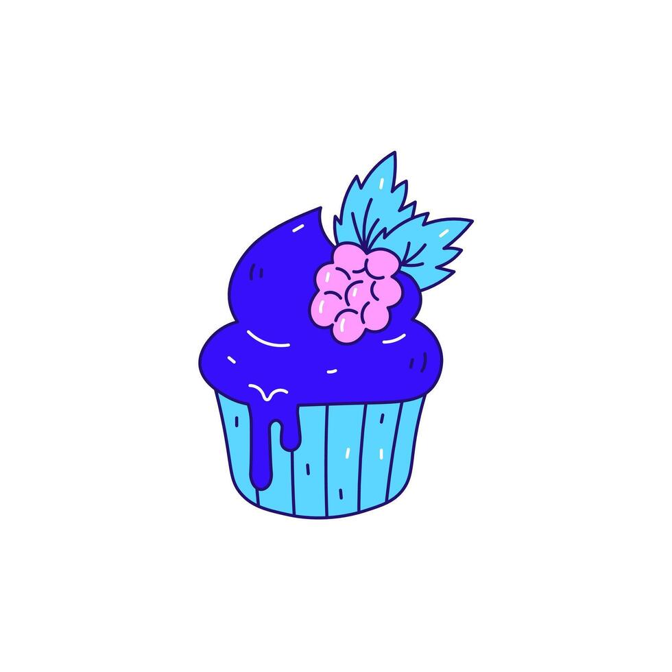 Cupcake with melting acid colored cream and raspberry vector illustration in doodle style