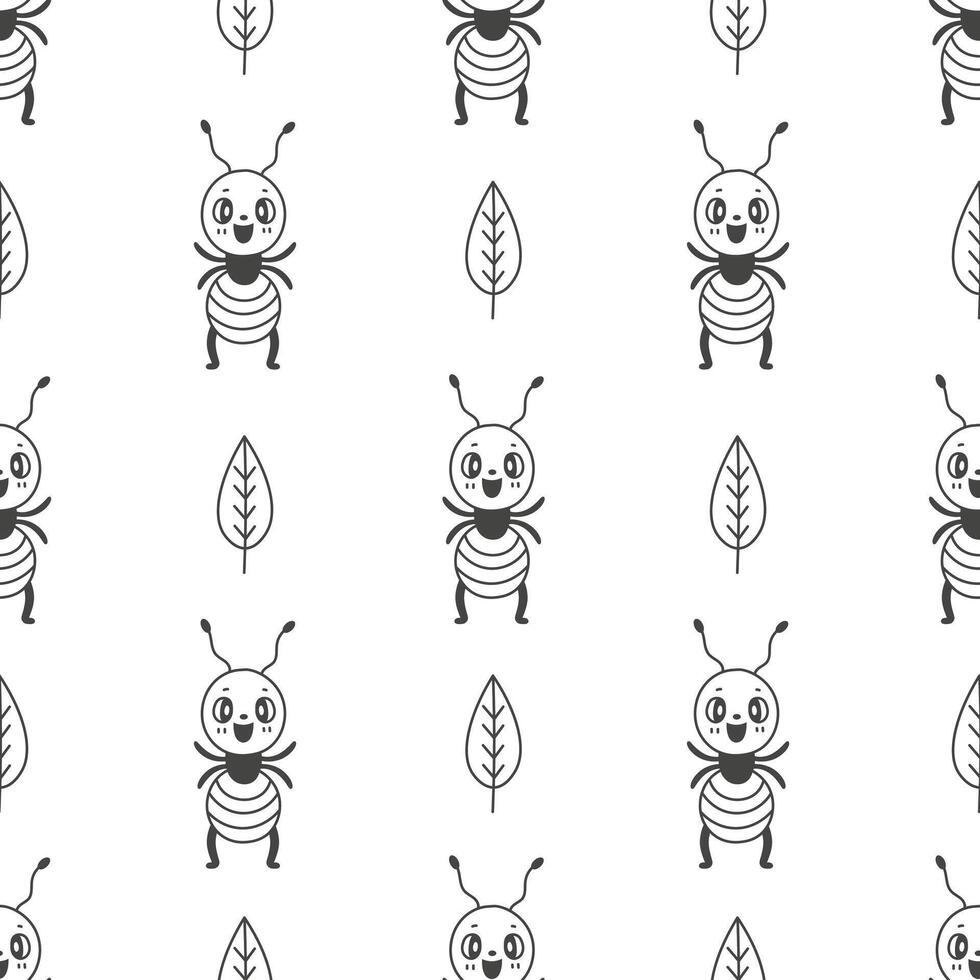 Cute ant and leaf childish seamless pattern in doodle style vector