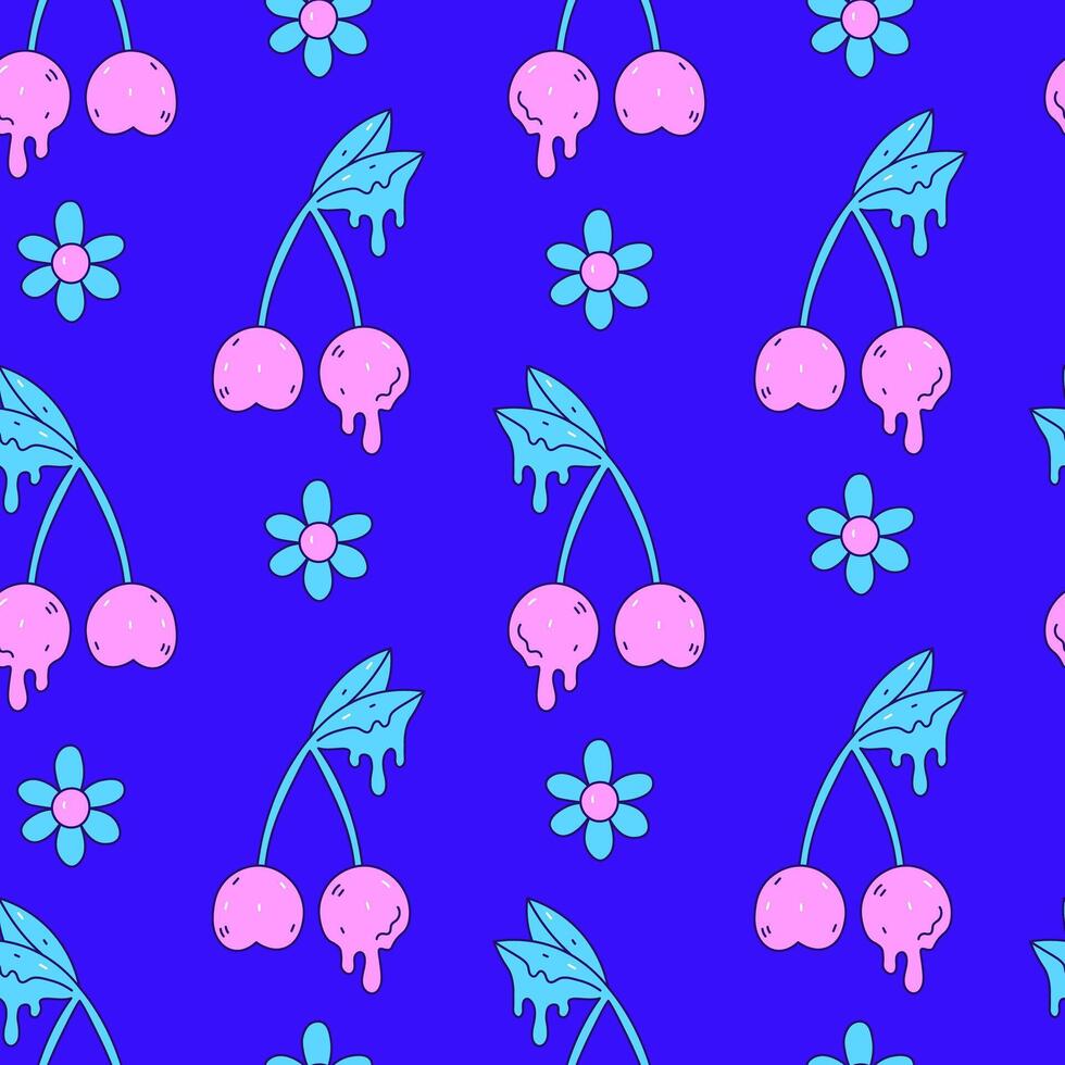 Melting cherry seamless pattern with flowers and leaves in doodle style vector
