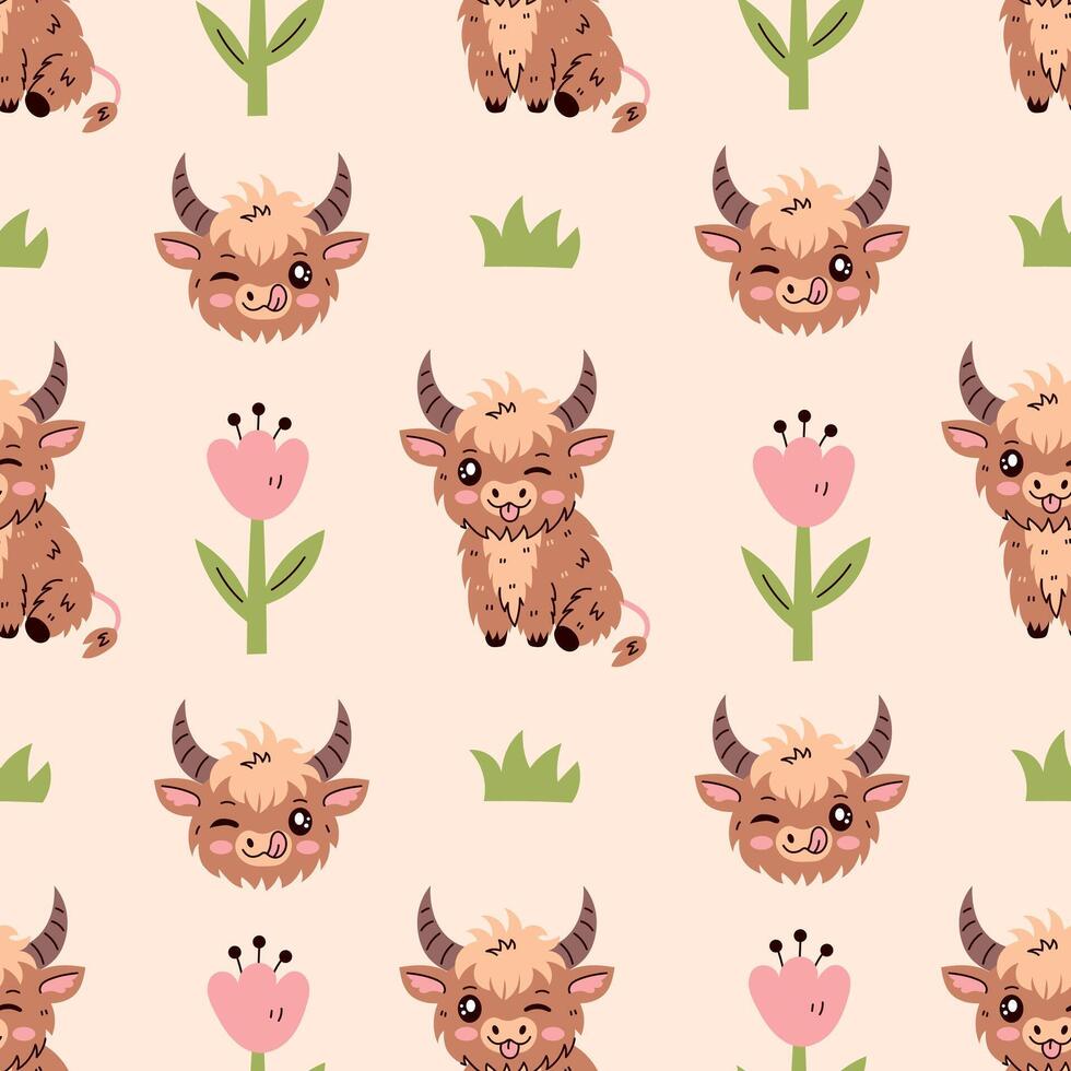 Highland cow character seamless pattern vector