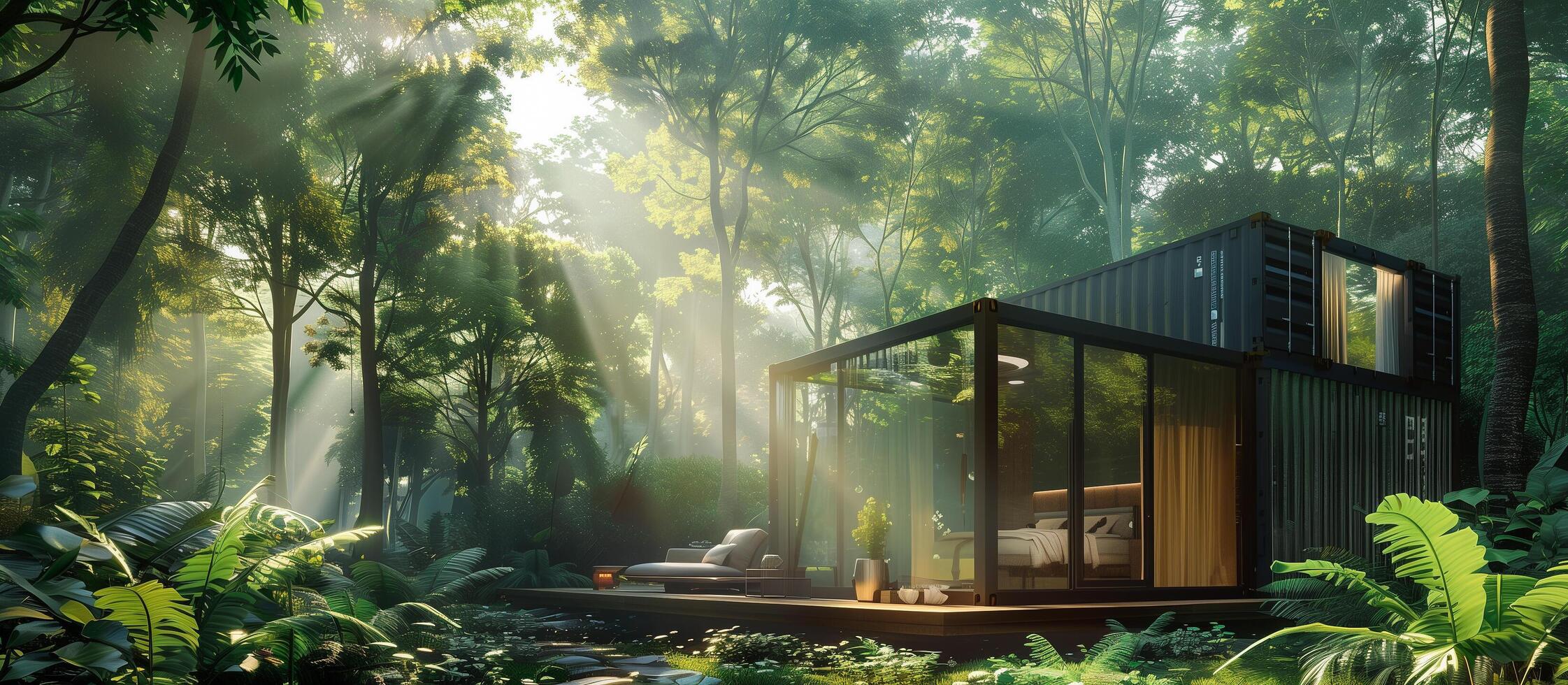 AI generated container house cabin with modern concept in the serenity forest photo