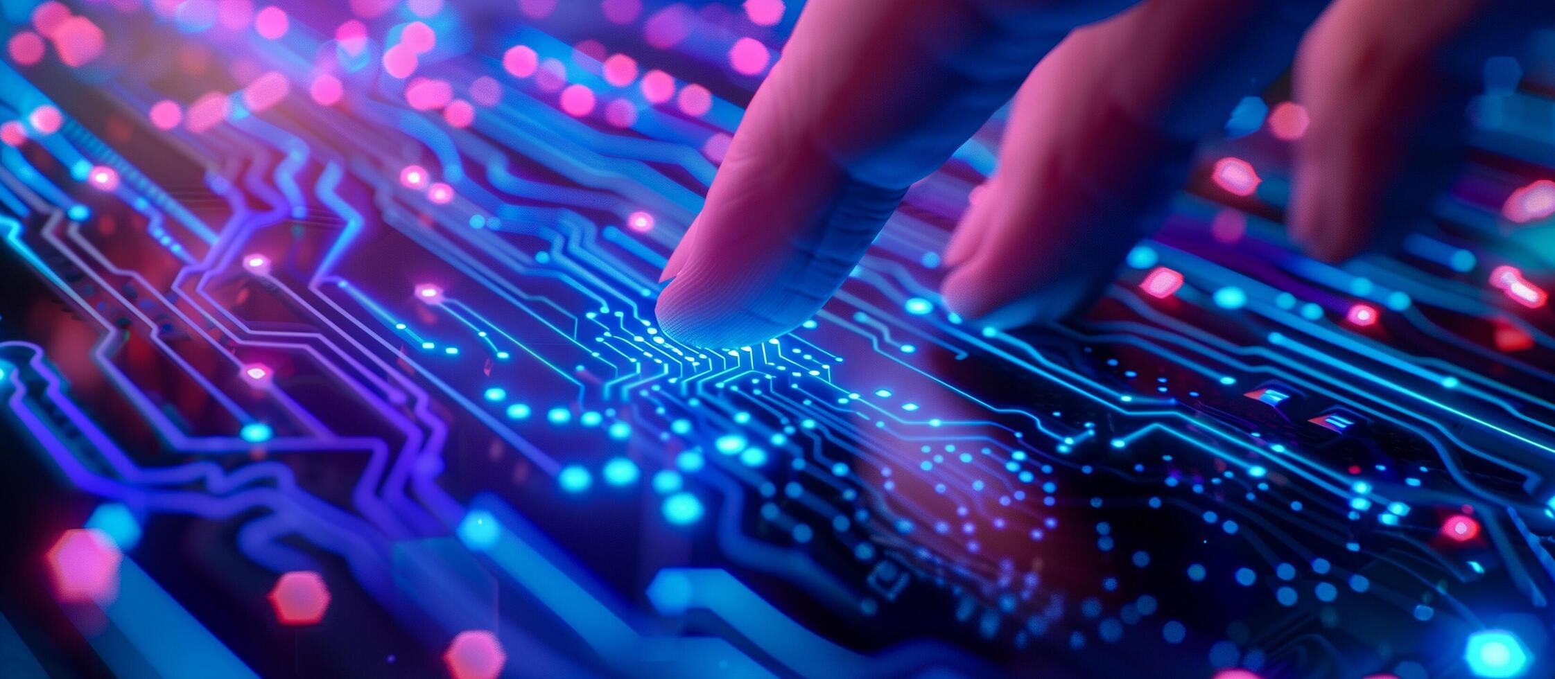 AI generated finger touching a digital circuit board. advanced biometric technology and cyber security concept background photo