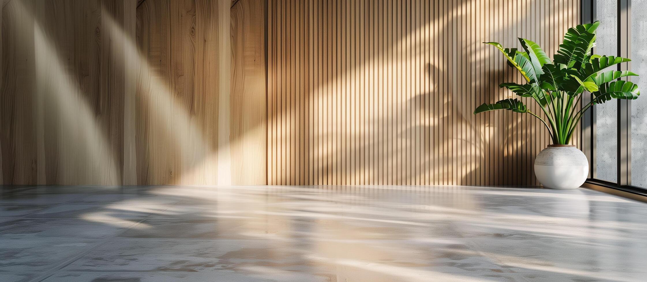 AI generated modern room empty with concrete floor and wooden wall background photo