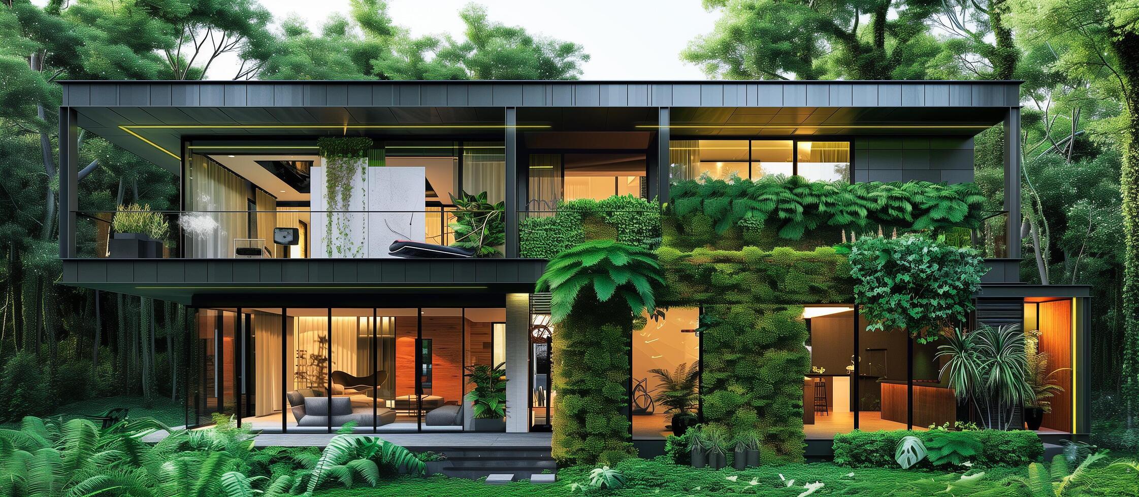 AI generated illustration sustainable modern house unite with nature concept photo