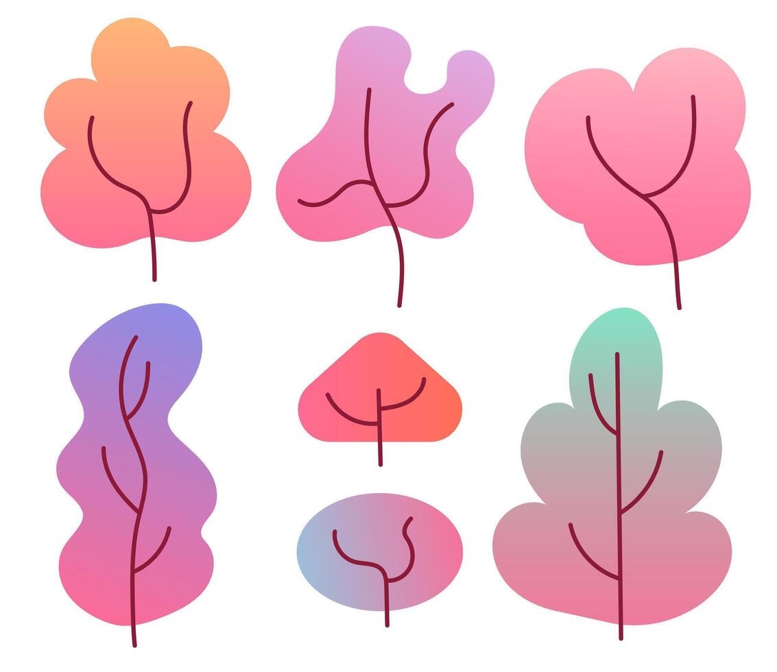 Colored vector illustration with various abstract tree icons. Trees in gradient and flat style