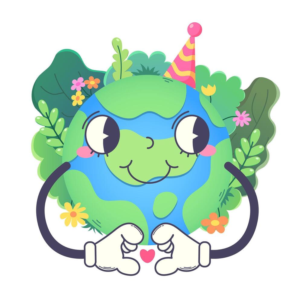 Colored vector illustration of the earth in groove style. With hands showing a heart. Trees, bushes, flowers