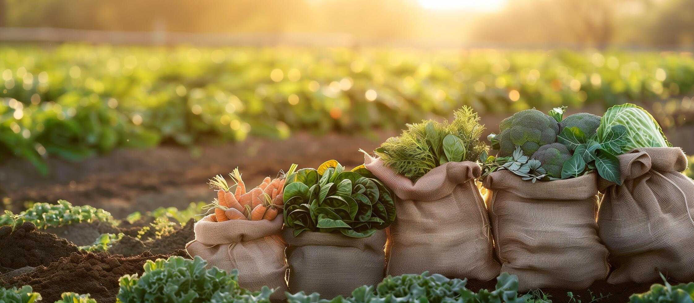 AI generated healthy vegetarian concept background of harvest fresh vegetables on burlap photo