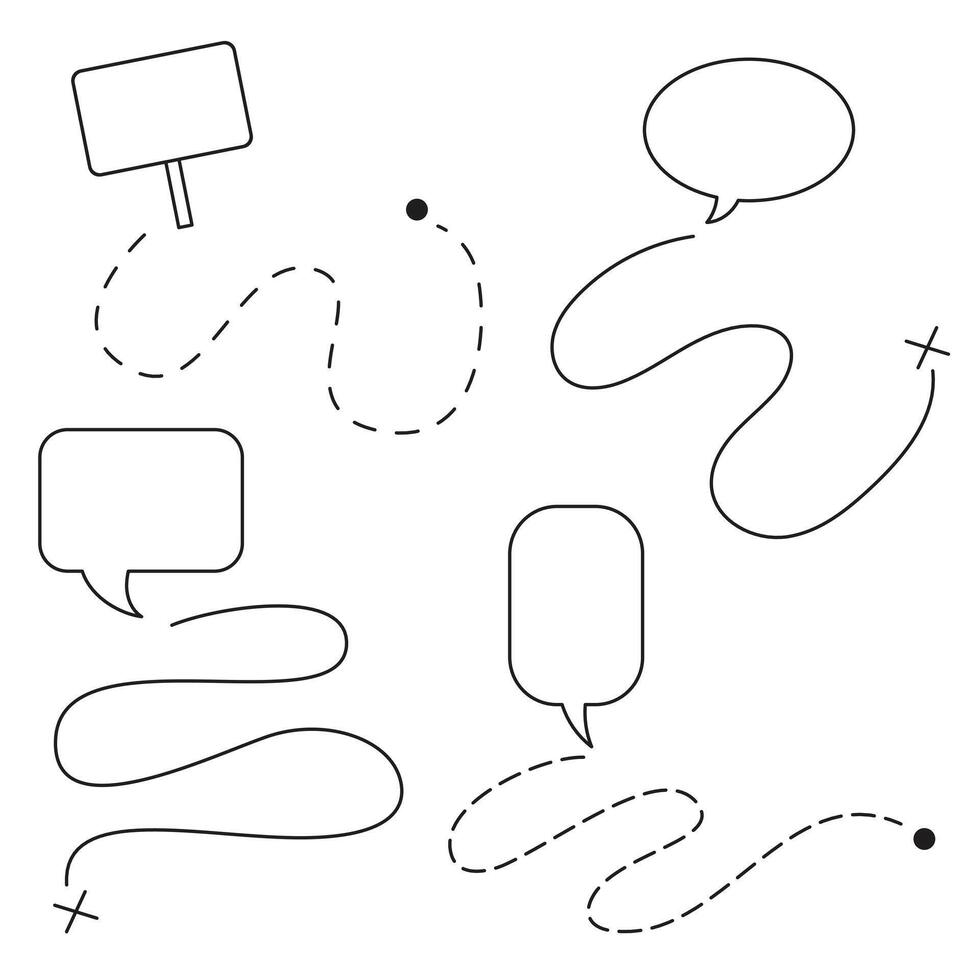 Black and white vector set with hand drawn icons of various routes. Signs, cross, path