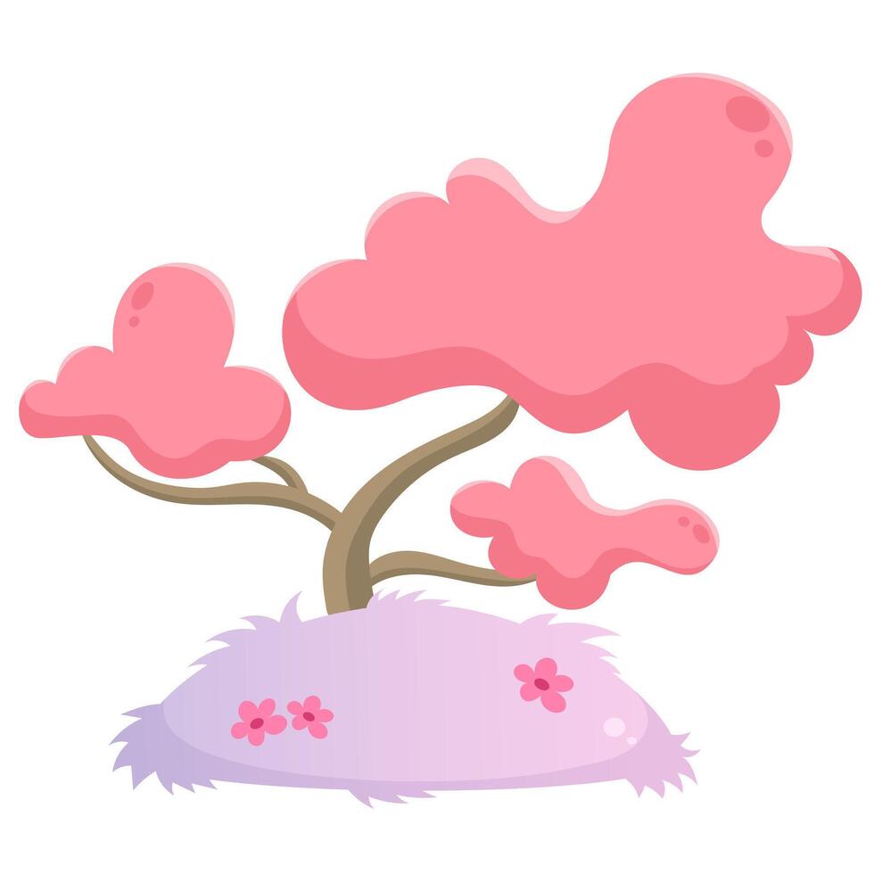Color vector illustration of a tree in pastel pink and purple colors, with grass and flowers. Shadows, gradient, highlights