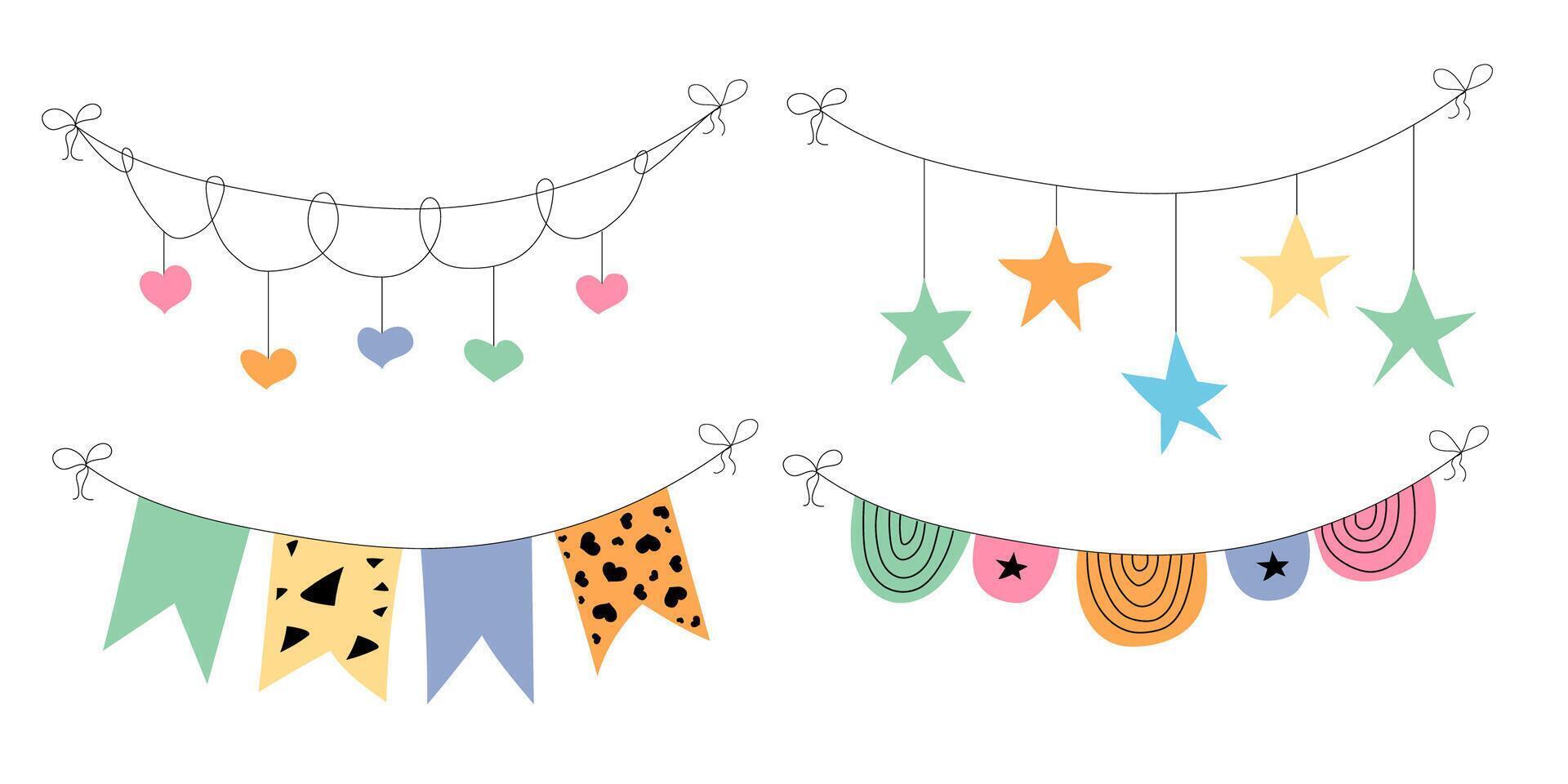 Flag garland bunting heart, star birthday party flat set. Anniversary, celebration party hanging flags cartoon collection. Buntings pennants, festival decoration. Isolated vector illustration.
