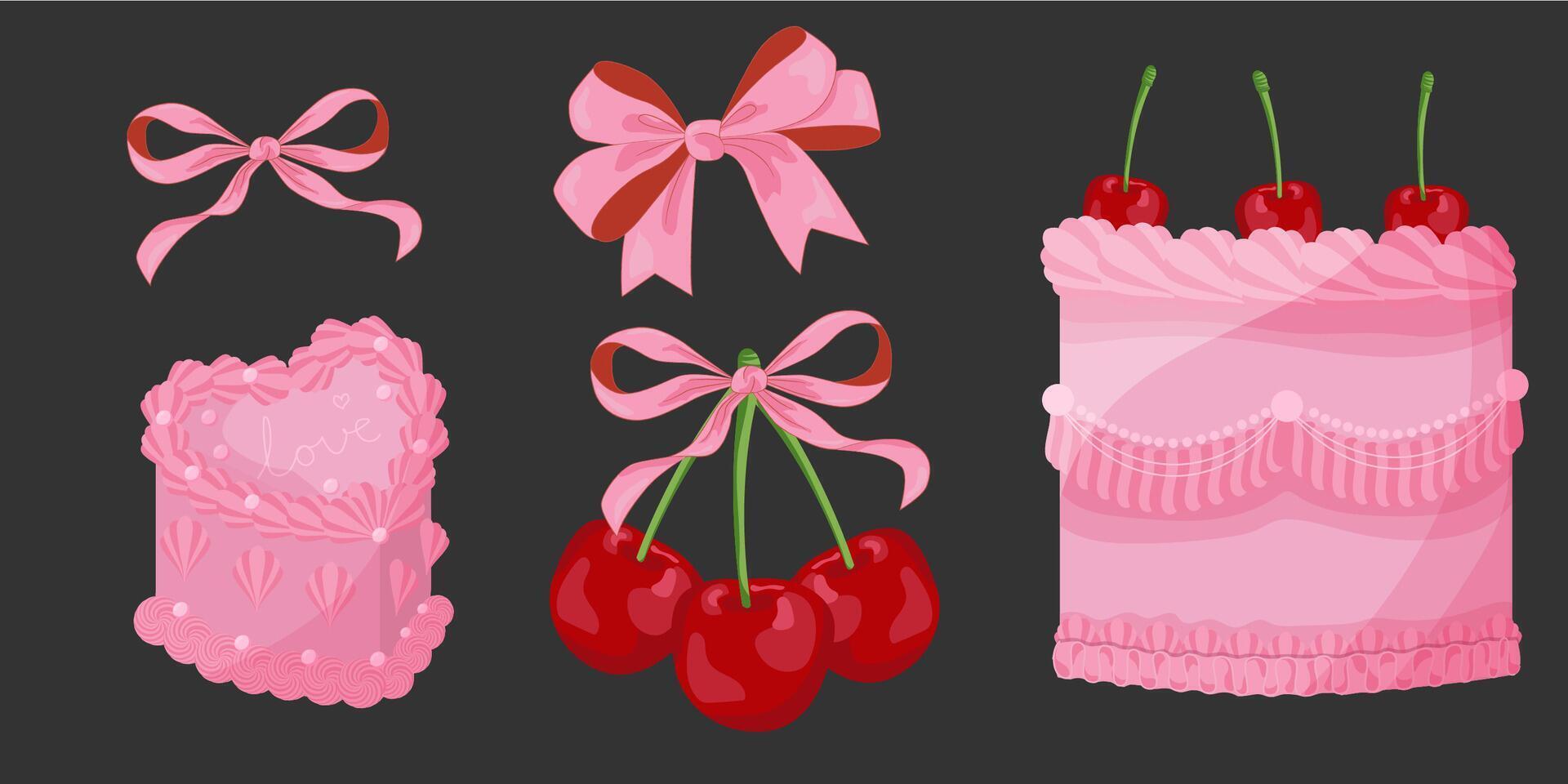 vector ilustración de rosado femenino Clásico arcos, bento pastel, Clásico cordero pastel y cereza. linda bento cordero pastel. femenino coqueta estético.