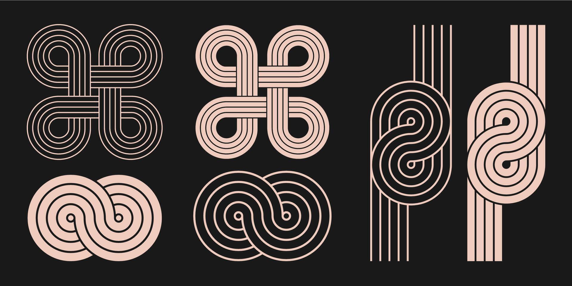 Abstract black arches and shapes. Geometric lines zen patterns. Balance figures with linear outline strokes design. Nordic boho minimal organic drawings and aesthetic retro prints vector